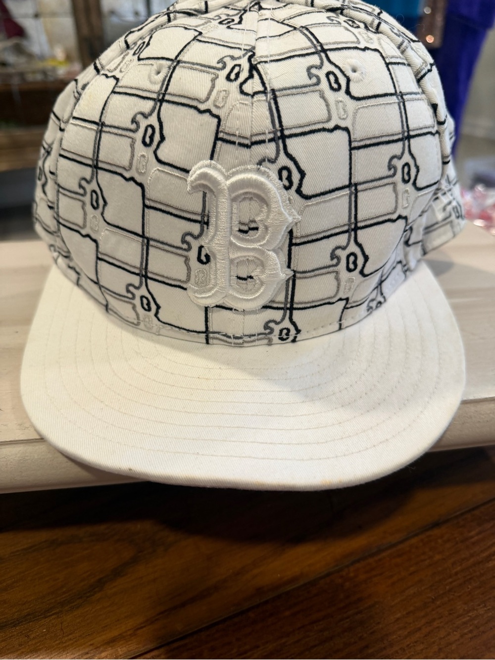 New Era 59Fifty White Red Sox Baseball Hat with Black Grid Pattern a